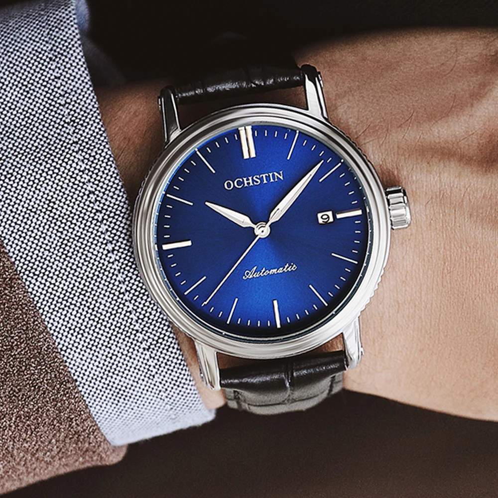 OCHSTIN Mens Watches Mechanical Automatic Leather Strap Business Auto Date Male Dress Wristwatch Waterproof Fashion Clock