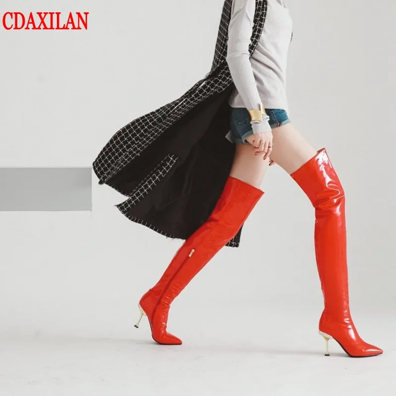 

CDAXILAN new arrivals over the knee boots women's light patent leather super high heels pointed side zipper thingh boots dancing