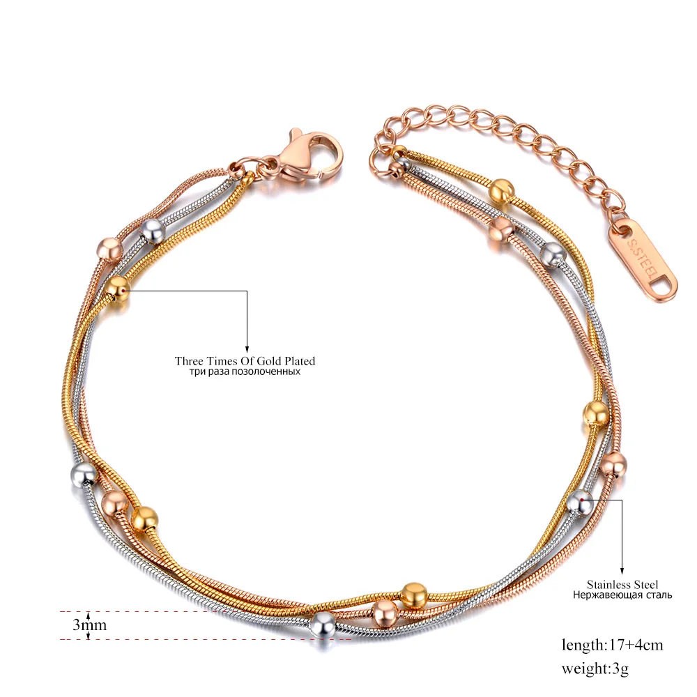 Stainless Steel Bracelet Titanium Stainless Steel Three Gold Color Bracelet Fashion Bohemia Three Layers Beaded Chain Bracelet For Women B21082