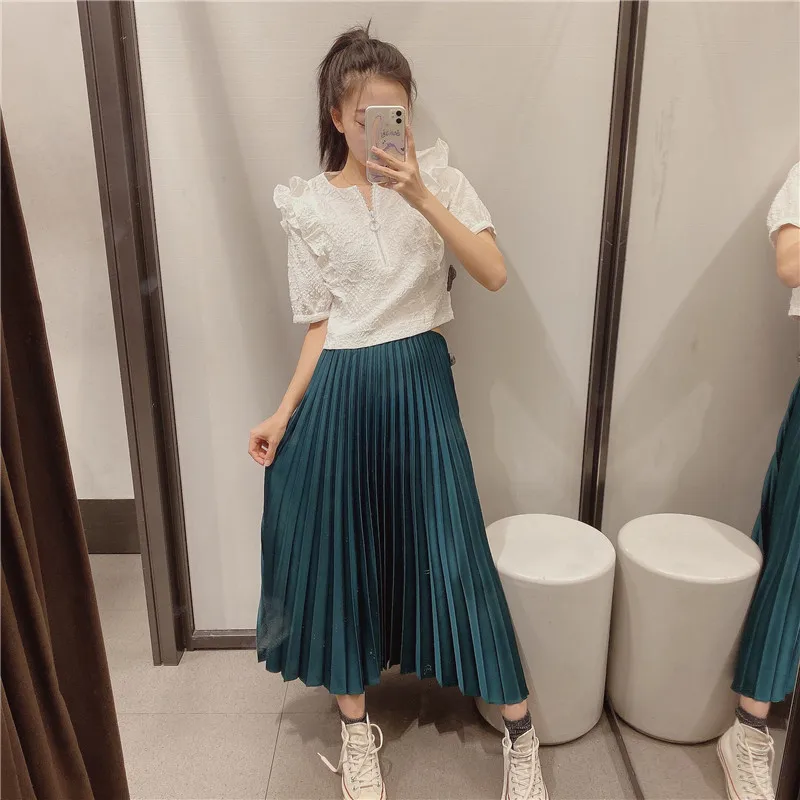 VomVoa European and American trendy wild solid color draped three-color skirt women casual satin pleated skirt women