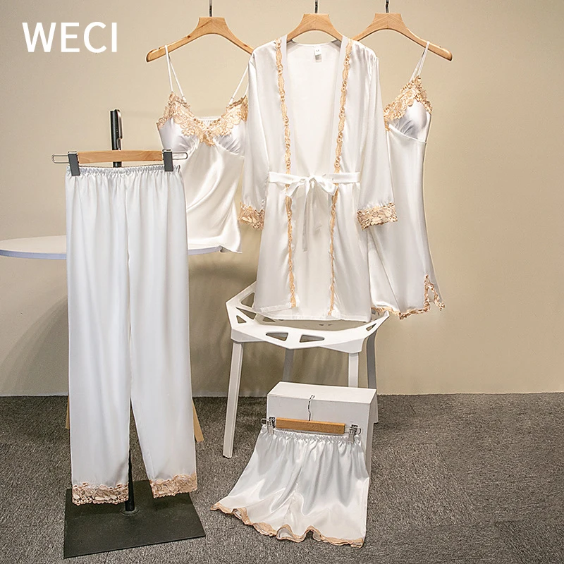 

WECI New 5pcs Sexy Silk Nightgown Lace Bathrobe Sling Nightdress Autumn Sleepwear Wedding Home Set Robe With Chest Pad For Women