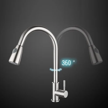 

1/2" Stainless Steel Kitchen Sink Faucets with Pull Down Sprayer Single Handle Deck Mount Pull Out 360° Swivel Faucets