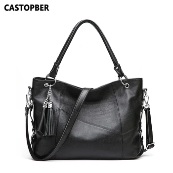 

Womens Large Black Leather Shoulder Bag Genuine Leather Handbags Cow Leather Tassel Fashion Ladies Tote Bags Crossbody Patchwork