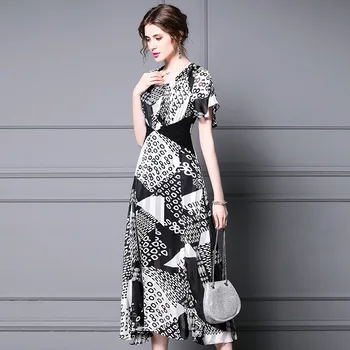 

zhi li Gentle Wind Dress 2020 Summer Wear New Style Waist Hugging Slimming Printed Bell Sleeve Thin Chiffon Dress