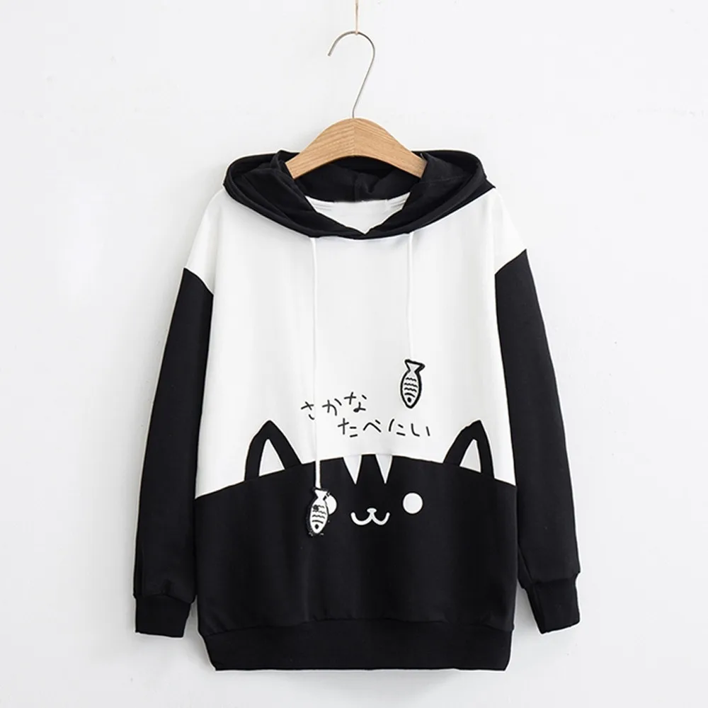 35#Hoodies Women Casual Long Sleeve Streetwear Kitty Cat Print Pocket Thin Oversized Hoodie Blouse Top Clothes sudadera mujer