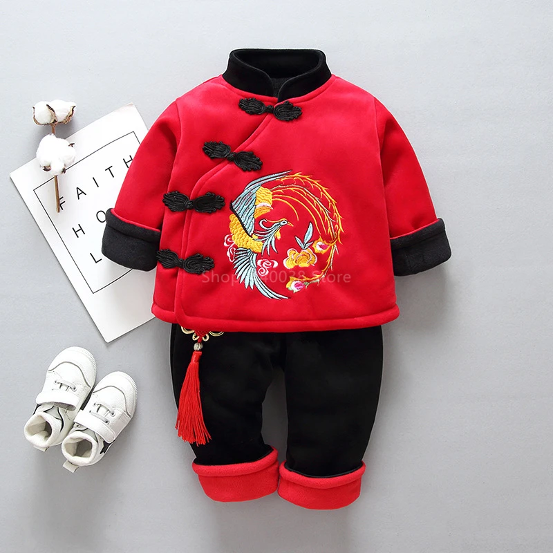Детский костюм в стиле Тан для новорожденных; Новогодняя праздничная одежда для новорожденных девочек и мальчиков; китайское традиционное торжество; дракон; Феникс; бархатная вышивка