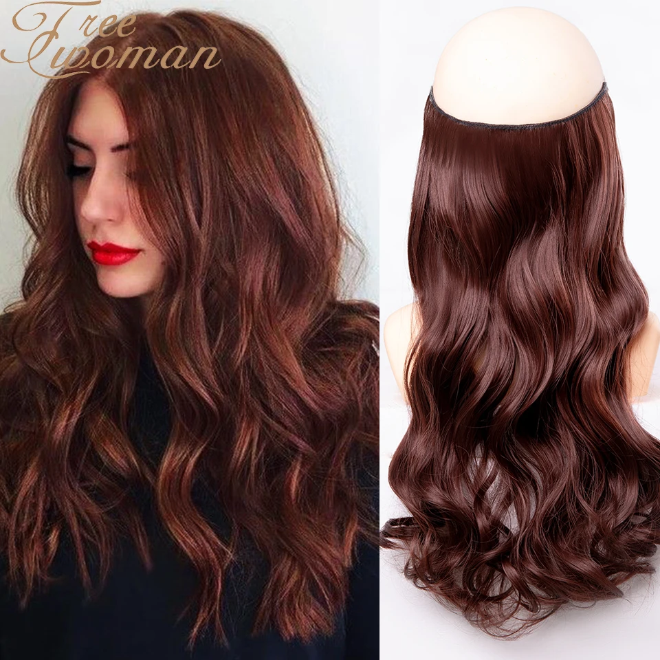 FREEWOMAN Red Brown Long Synthetic Hair Heat Resistant Hairpiece Fish Line Wavy Extensions Secret Invisible Hairpieces | Шиньоны и