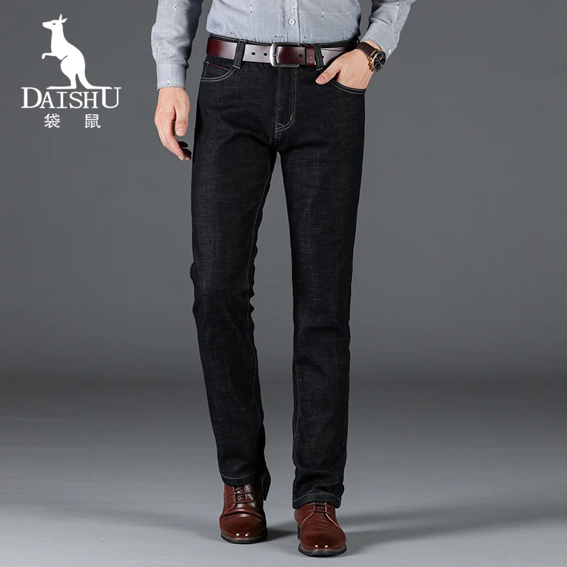 

DAISHU Fleece Jeans Men Golden Brand Pattern Warmer Black Mid-waist Denim Trousers Mens Winter Thick Velvet Plus Size Pants Male