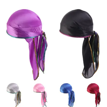 

2020 New Unisex Long Silk Satin Breathable Turban Hat Wigs Doo Durag Biker Headwrap Chemo Cap Pirate Hat Men Hair Accessories