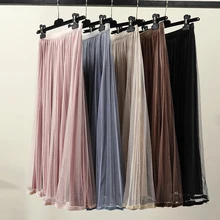 Новинка, весна и осень, плиссированные юбки для женщин, Ретро стиль, высокая талия, сетчатые юбки для женщин, черные, до середины икры, трапециевидные юбки