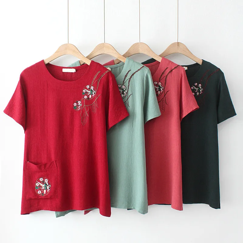 Plus Size Women Clothing Short Sleeves O-Neck Chinese Style Embroidery Tencel Cotton Summer Dress For Fatlady Wear In |