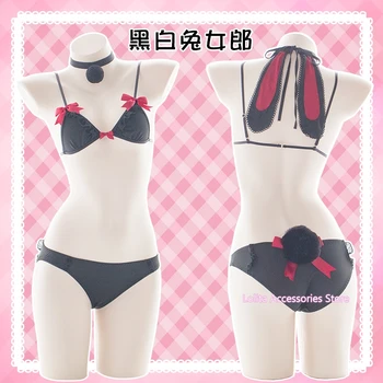 

Black White Bunny Girl Lolita Lingerie Set Cosplay Sexy Female No-rims Bikini Set Rabbit Ear Collar Tail Panties Underwear Set