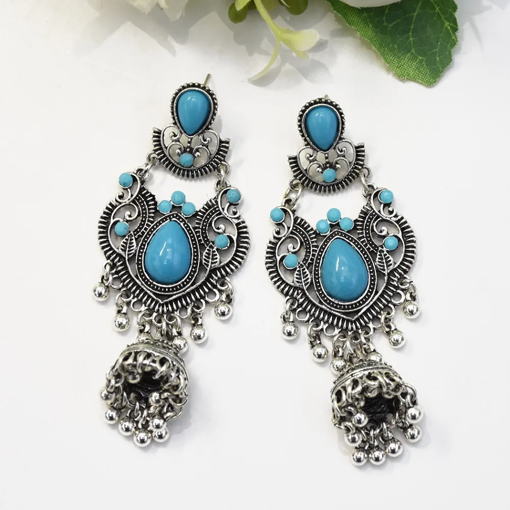 Большие винтажные серебряные серьги jhumka для женщин Boho синие Черные Каменные колокольчики кисточкой Висячие серьги Афган индийские массивные ювелирные изделия