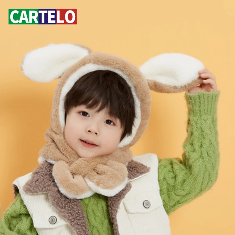

CARTELO 2020 new children's autumn and winter scarf plus velvet thick warm earmuffs cartoon cute rabbit ears plush scarf