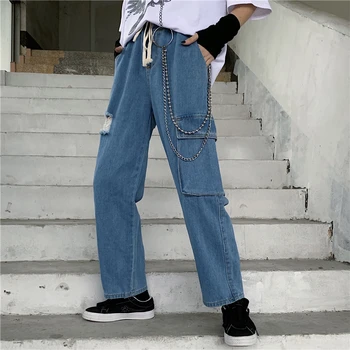 

Blue Jeans Men's Summer Harajuku Loose Joker Jeans Holes Overalls Nine Pants Wide Leg Pants Men's Tide Casual Big Pocket Jeans
