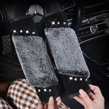 

Car Seat Belt Cover Plush Seat Belt Shoulder Pad Winter Crystal Rhinestones Shifter Gear Cover Hand Brake Covers Sets