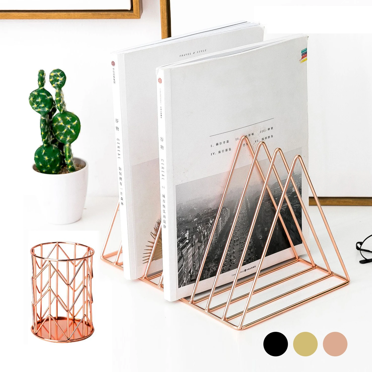 

Desktop Organizer Set 1pcs 9 Slot Triangle Magazine Holder Book File Storage Rack + 1pcs Pencil Cup for Home School Office Decor