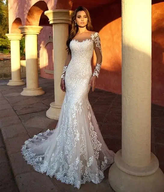 DREAM Vintage Mermaid Wedding Dress Long Sleeves Lace Elegant Wedding Gown New Robe De Mariage Sweep Train Bride Dresses