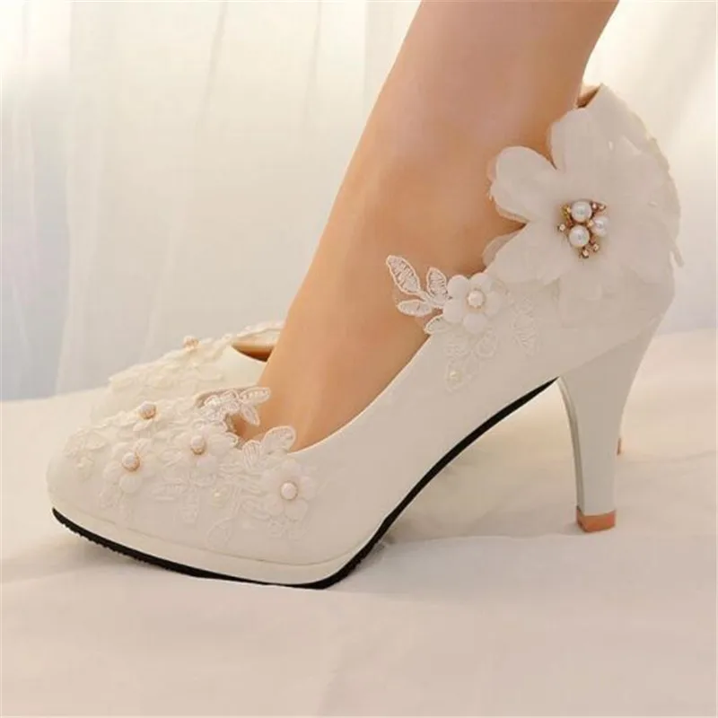 Classic White Lace Flower Wedding Shoes Woman High Heels 2019