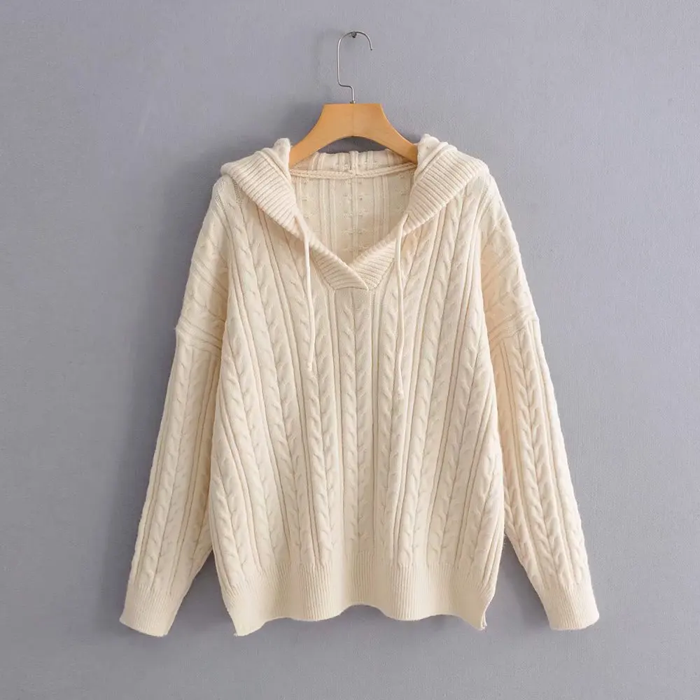 

WOMEN'S Dress Autumn And Winter Linen Flower Color Loose-Fit Hooded Knitted Sweater A7fs9187