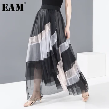 

[EAM] High Elastic Waist black mesh split temperament long Half-body Skirt Women Fashion Tide New Spring Autumn 2020 1T12701S