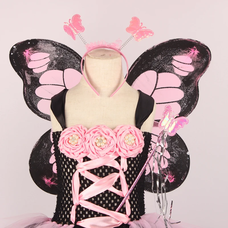 Pink and Black Monarch Butterfly Tutu Dress with Wings Girls Insect Bug Butterfly Halloween Costume Kids Birthday Tutu Outfit (12)