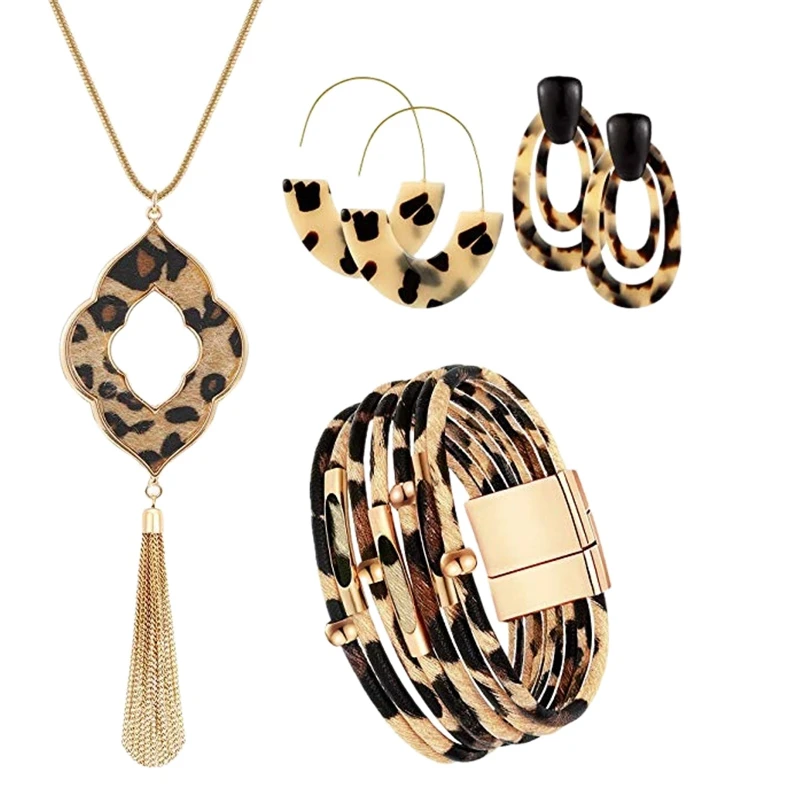 4 Leopard Jewelry Sets Women's Leather Bracelets Bohemian Earrings Necklace Tassel Neckl | Украшения и аксессуары