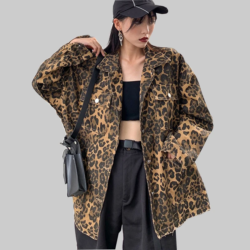 Винтажная леопардовая куртка Женская Harajuku джинсовая куртка панк уличная одежда с длинным рукавом бомбер куртки женские пуговицы джинсы пальто верхняя одежда