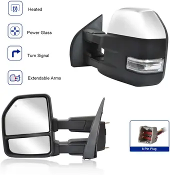 

Towing Mirrors for Ford F150 Pickup Truck 2015-2019 Power Heated with Turn Signal Temperature Sensor- 8 Pin Plug Chrome Cap