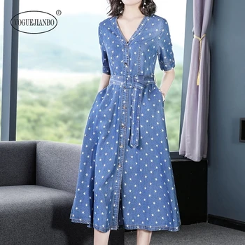 

2020 spring and summer new V-neck short-sleeved lace-up slim midi dress pentagram printed denim dress sexy vestidos de fiesta