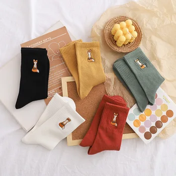 

Cartoon Woman Sock Animal Fox Socks for Women Solid Casual Embroidery Sox Couples Cotton Autumn Winter Japanese Korean Sokken