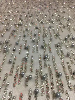 

5 Yards Stock Sexy Silver Beads Glued Glitter Tulle Mesh Lace Fabric for Sawing Dress Haute Couture