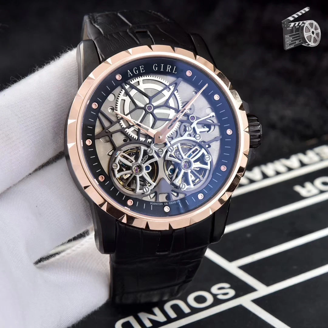 

Luxury Brand New Men Automatic Mechanical Watch Rose Gold Black Brown Leather Two Tourbillion 10 Sapphire Watches 47MM Skeleton