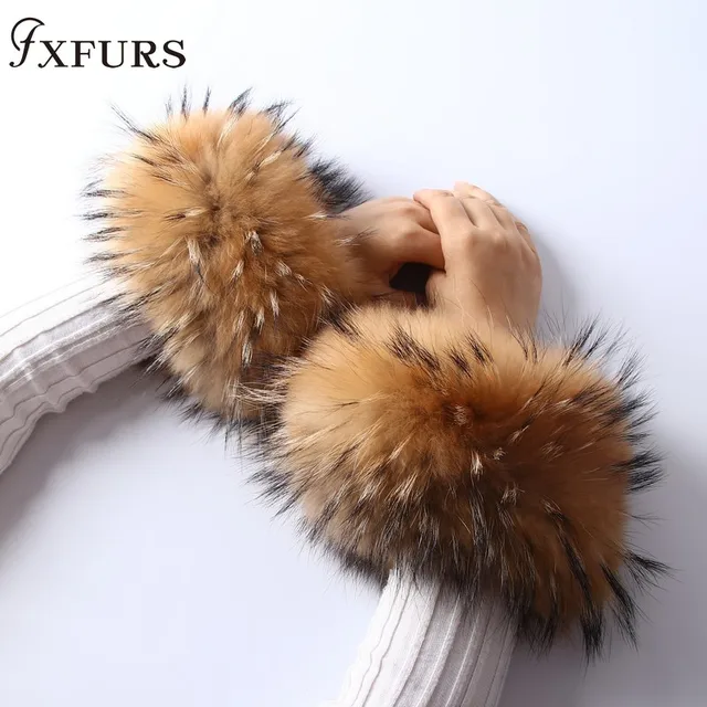 2020 Real Women Genuine Fox Fur Cuffs Hand Wear Raccoon Fur Cuff Lady Bracelet Wristband Arm Warmer Decoration Bracelet  Sleeve