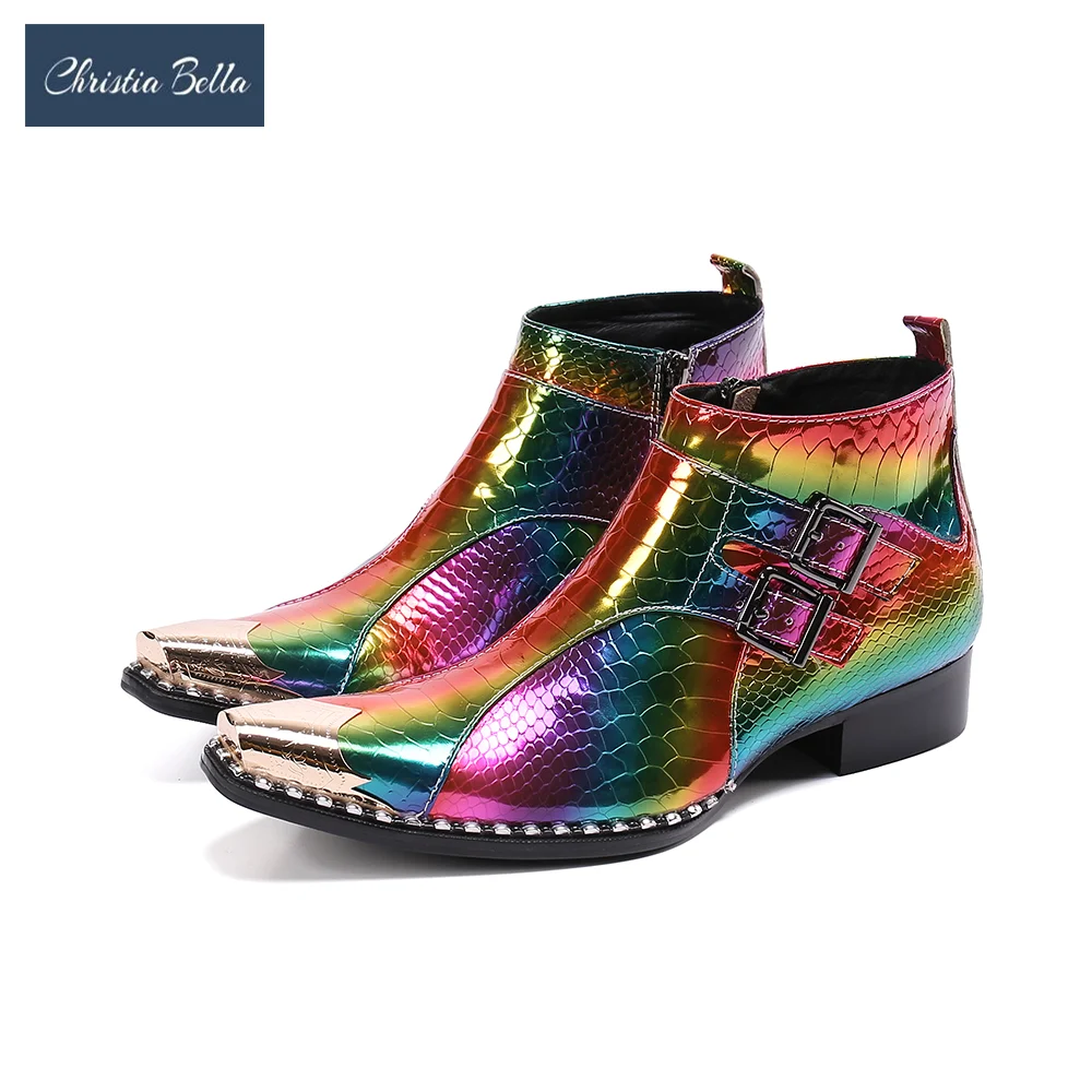 PROD 1005002460579615 Christia Bella Sparkling Multicolor Party Men
Boots Metal Square Toe Real Leather Ankle Boots Club Short Boots Man
Fashion Shoes