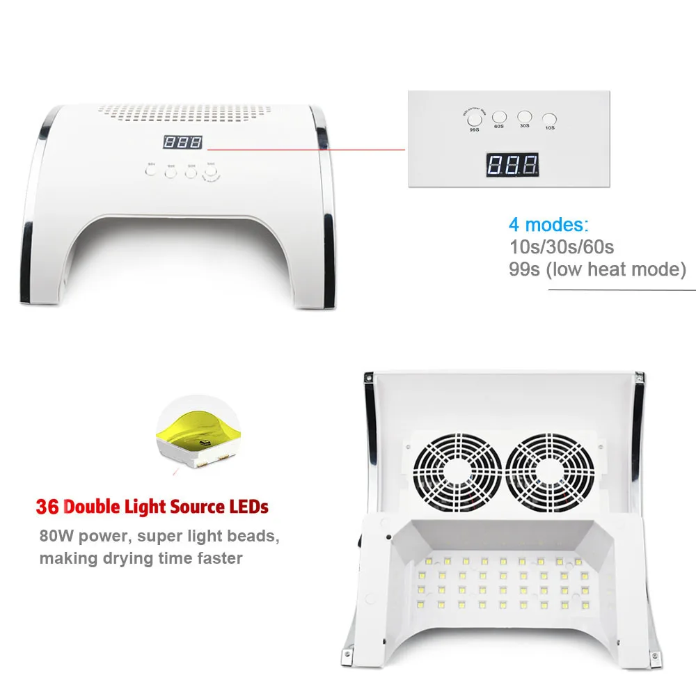 80W 2-IN-1 36 LEDs Nail Lamp & Dual Power powerful Fan Nail Dust Vacuum Suction Collector Machine H