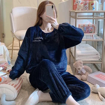 

Korean Long Sleeve Thick Warm Flannel Pajama Sets for Women 2020 Winter Coral Velvet Sleepwear Suit Pyjama Homewear Home Clothes