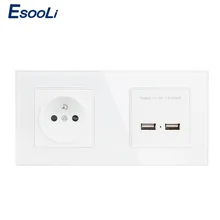 Esooli 16A двойной французский стандартный Электрический разъем Ex порт кристалл стеклянная панель мощность двойной USB зарядное устройство Порт для мобильного телефона