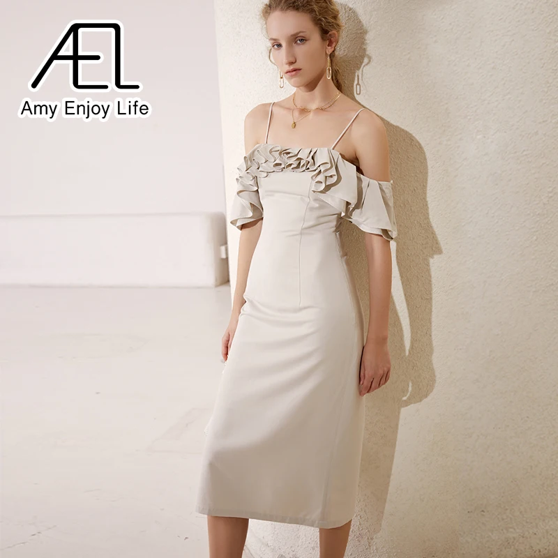 

AEL Ruffle Dress Slim Women Light Gray Summer Short Sleeve Sexy Spaghetti Strap Party Midi Dresses