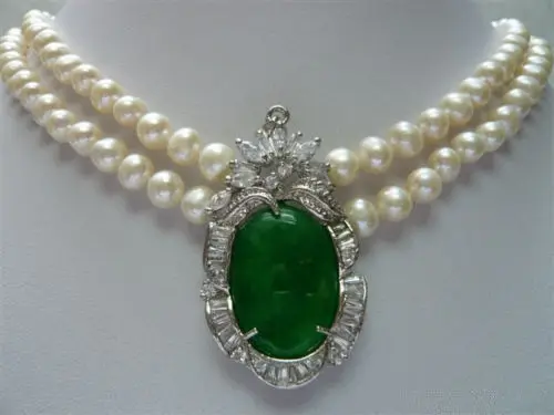 Hot sale new Style >>>>>2 Rows White Pearl Green Jade Crystal Pendant Necklace