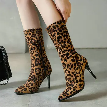

2020 PU Leather Women Mid Calf Boots Fashion Pointed Toe Thin Heel Women Boots Zipper Women Party Boots Winter Ladies Shoes