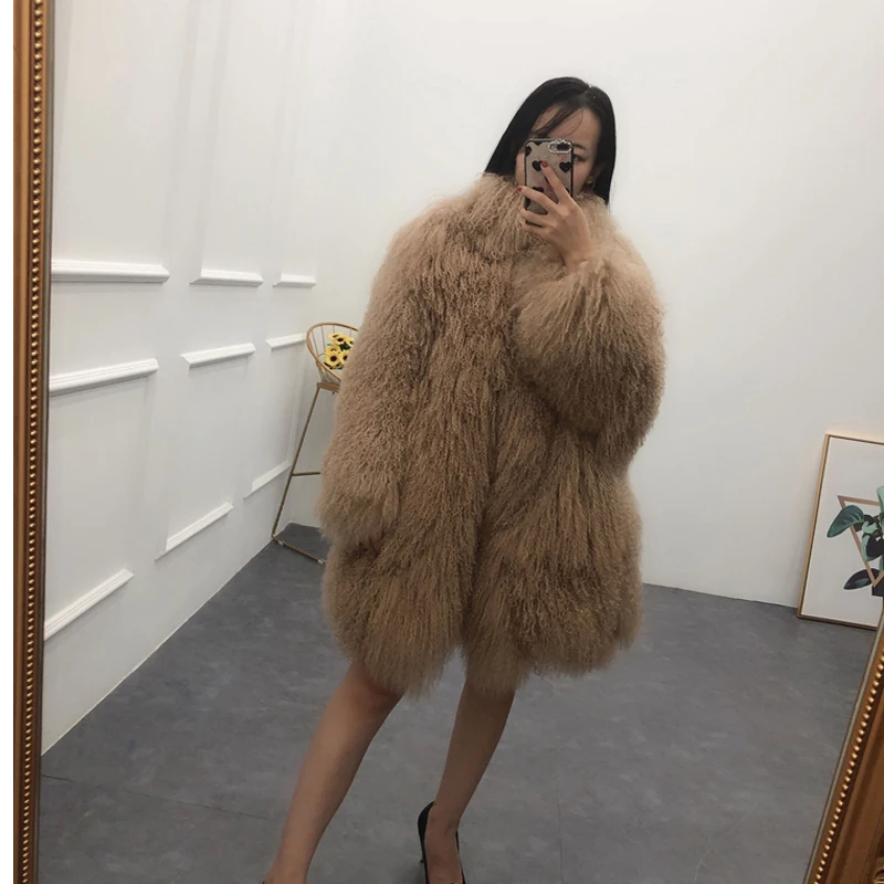 2020Women real mongolian sheep fur coat with