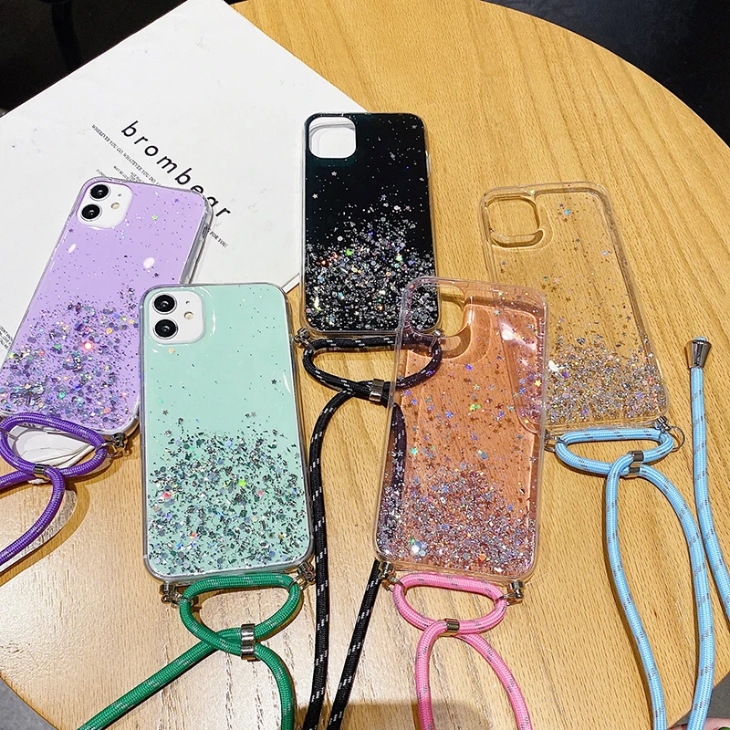 

Luxury Bling Glitter Lanyard Silicone Phone Case For iPhone 12 11 Pro Max SE XS XR X 8 7 6 Plus Ultra-thin Necklace Rope Cover