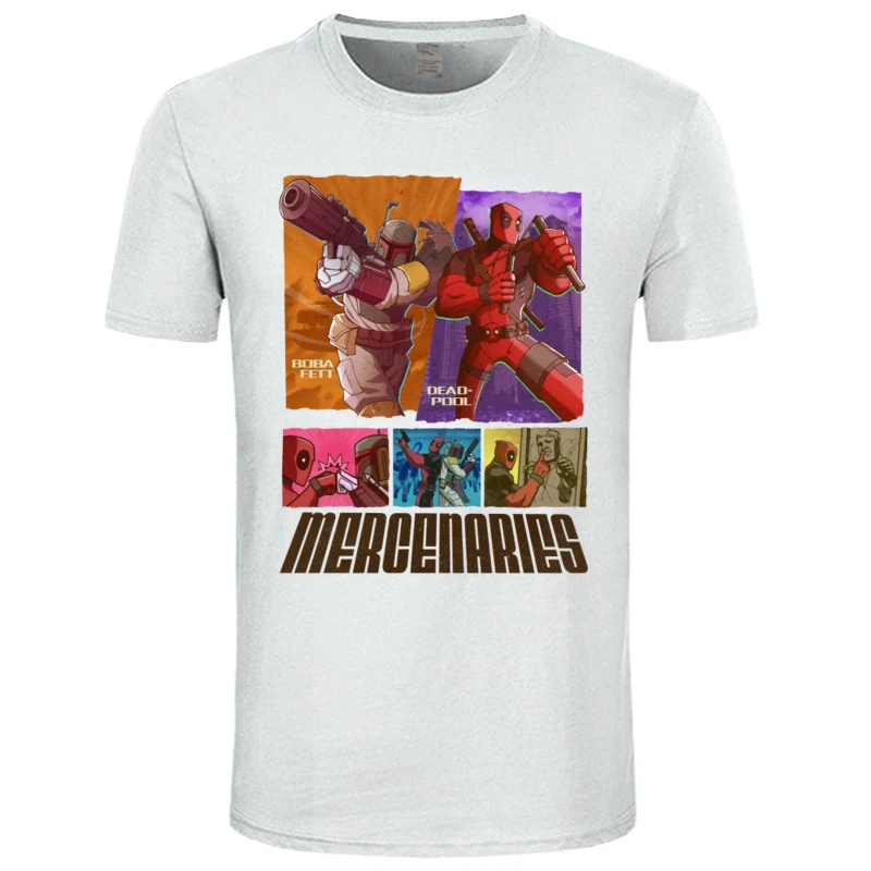 

TShirt Men Mercenaries Shirt Marvel Star Wars Father Day Company Custom Cotton Adult T-shirt 80s Retro Style Deadpool Boba Fett