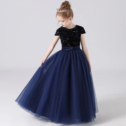 Sparkly Sequins Flower Girl Dresses Tulle Short Sleeves Girls Birthday Party Pageant Gown Long Junior Wedding Bridesmaid Dress