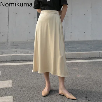 

Nomikuma 2020 Spring Summer New Satin Skirt Women High Waist Solid Color Bottom Korean Office OL Style Midi Skirts Faldas 3Z267