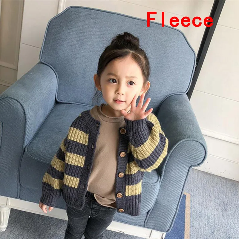 fleece green Детские свитера; осенний кардиган в полоску для девочек; Вязаная Шерстяная Одежда для девочек; топы; теплый зимний свитер для детей - Цвет: fleece green