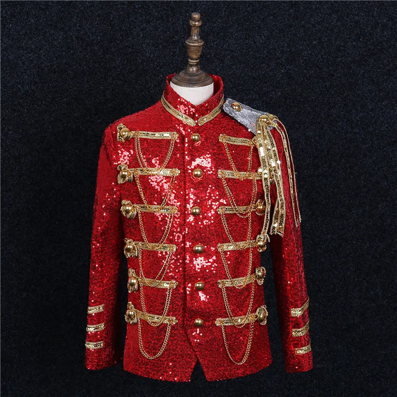 

Military Style Men Performance Costumes Red Sequin Court Suit European Drama Dress Blazers Party Celebration Men Formal Clothing