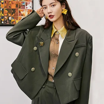 

LANMREM can ship Temperament Short style Small Suit Loose Coat + Loose Green pants fashion two pieces set Woman 2020 new YJ033