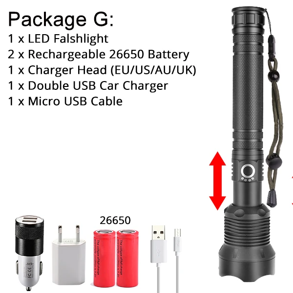 Package G Тактический XHP70.2 светодиодный фонарик самый мощный XLamp XHP50 Перезаряжаемый USB Zoom фонарь XHP70 18650 26650 охотничий фонарь для самозащиты - Испускаемый цвет: Package G